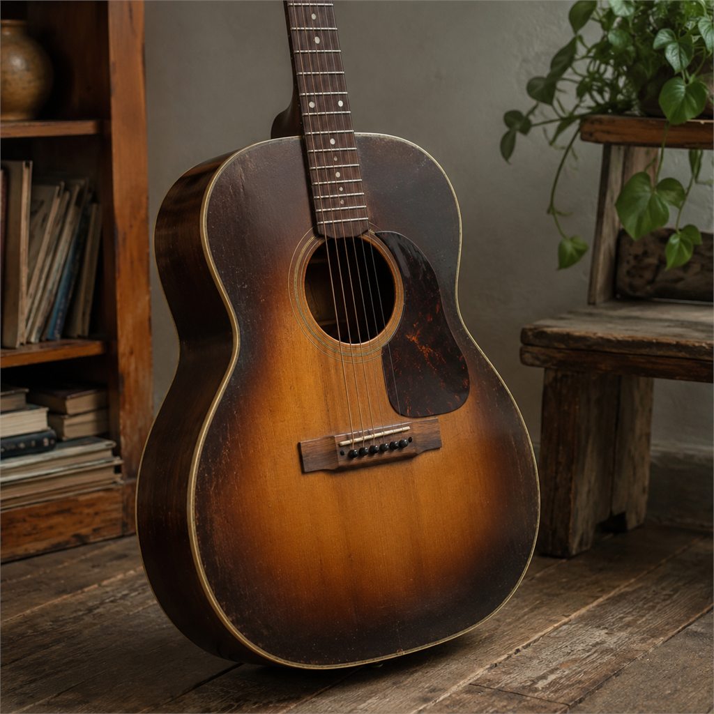A well-loved acoustic guitar in a room